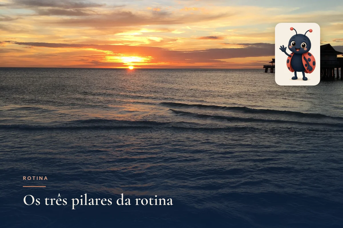 Pôr do sol sobre o mar (registrado como Naples, Flórida, no Pexels), com a mascote joaninha Catarina