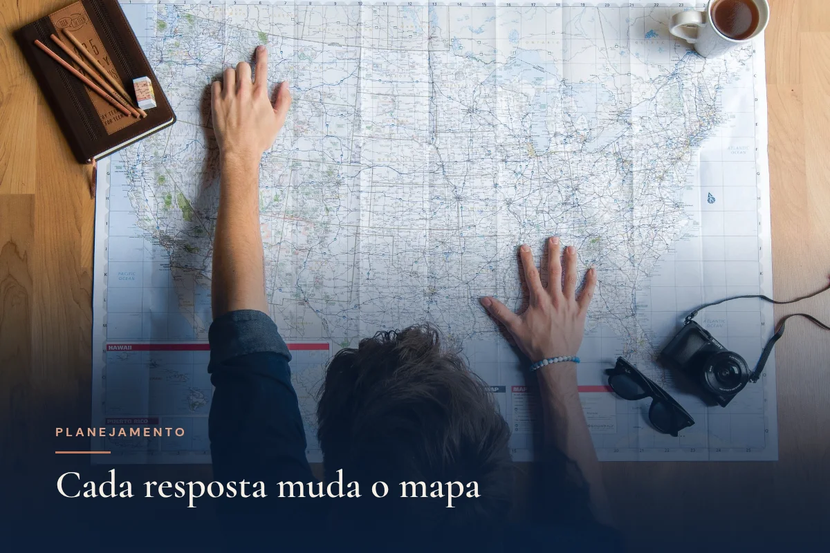 Vista de cima de uma pessoa planejando sobre um grande mapa na mesa, com café e câmera