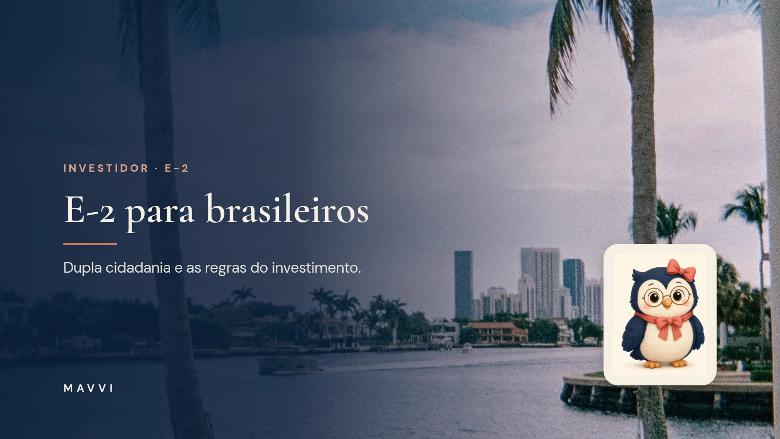 Skyline de Miami emoldurado por palmeiras à beira d'água, com a mascote coruja Madeleine