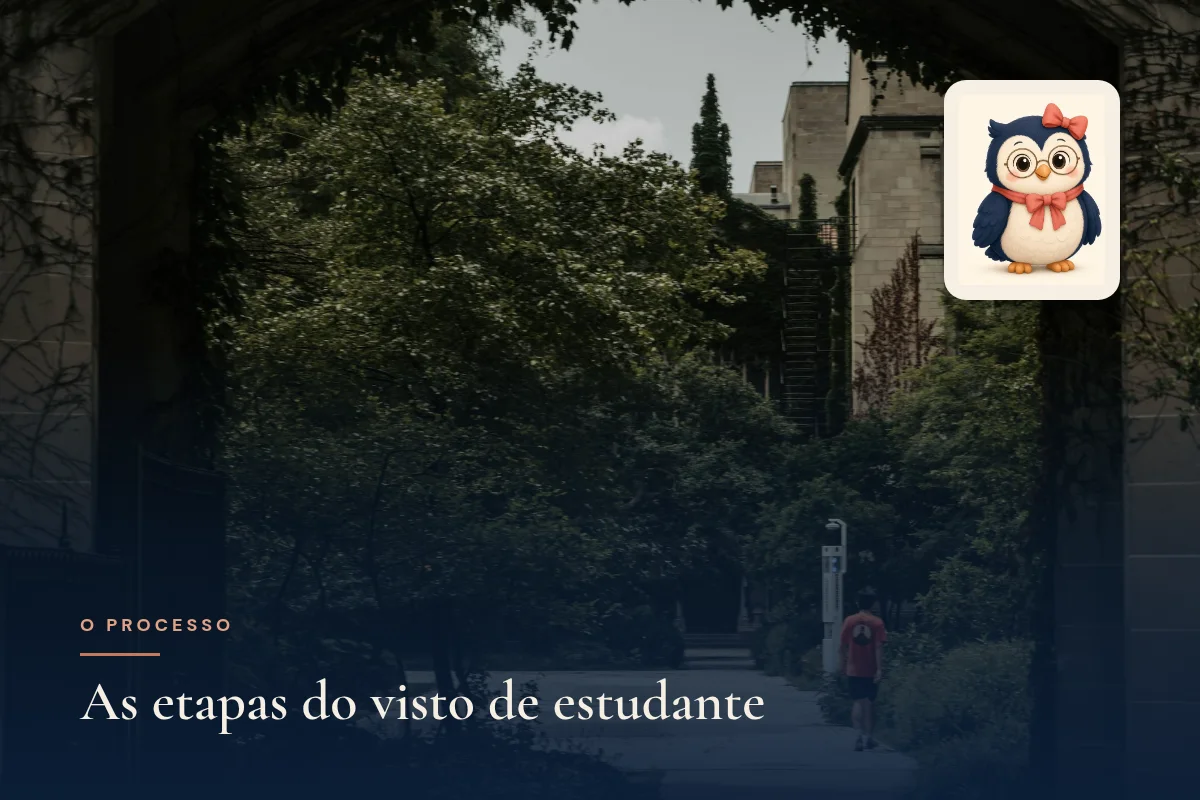 Estudante passando por um arco de pedra no campus da Universidade de Chicago, com a mascote coruja Madeleine