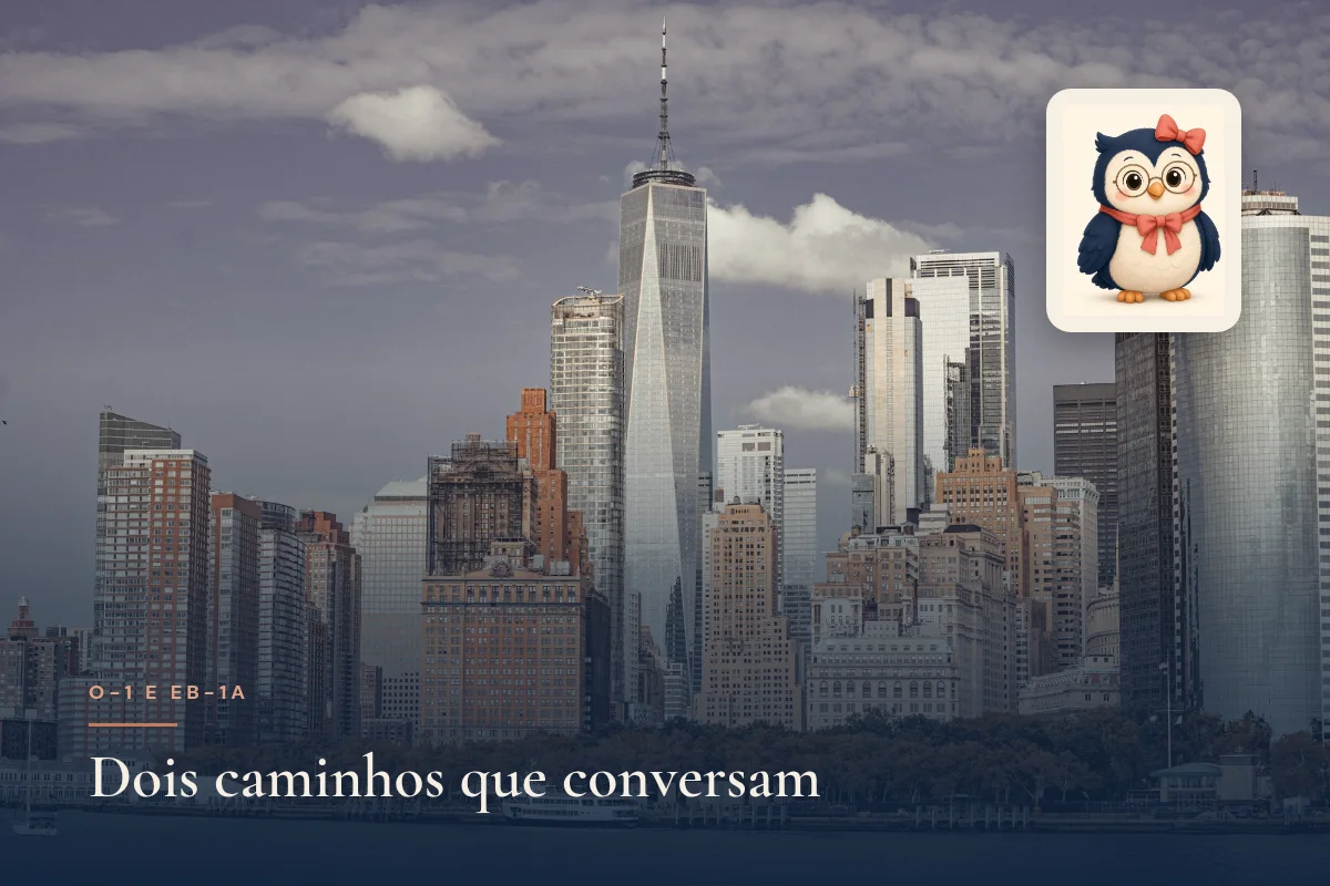 Skyline de Lower Manhattan com o One World Trade Center, Nova York, com a mascote coruja Madeleine